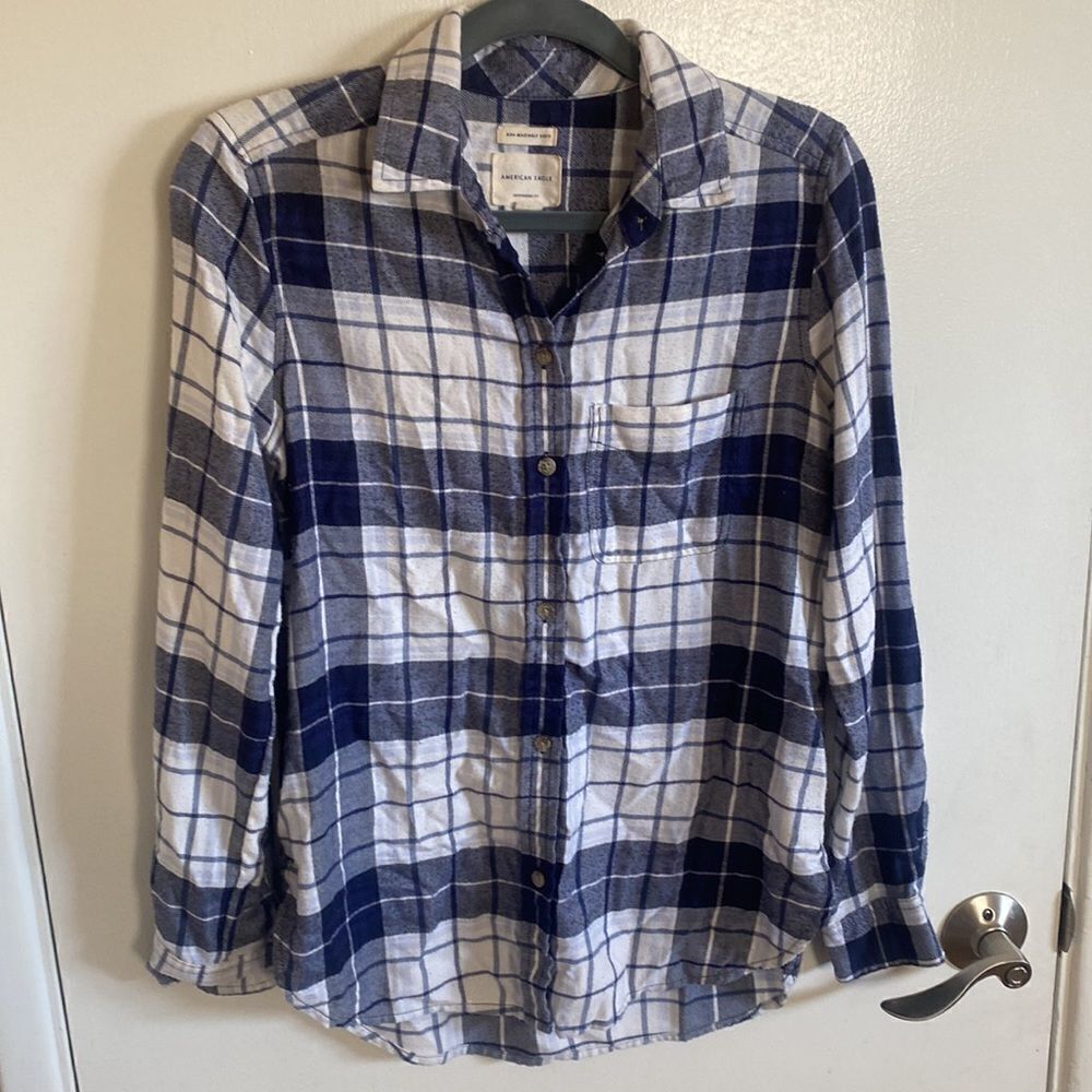 American Eagle boyfriend fit- softest-blue and white flannel size XS